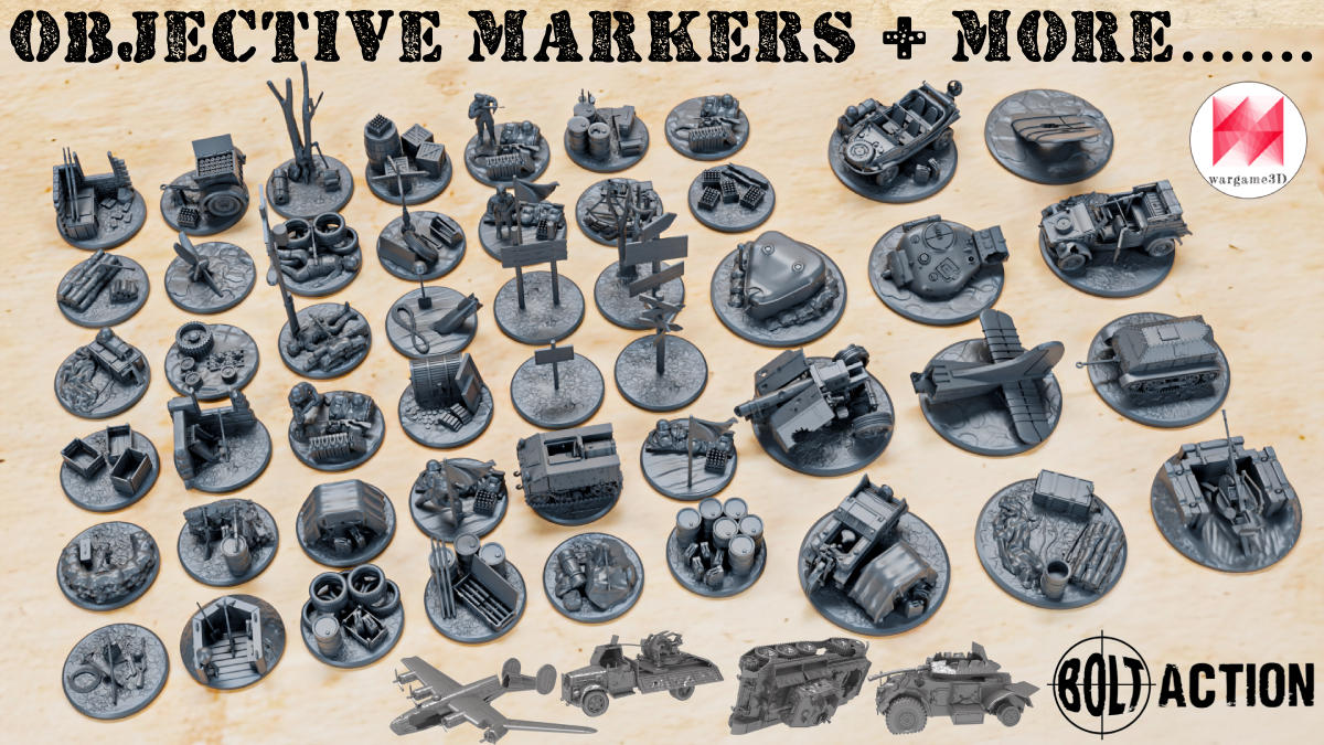 STL PACK - Objective markers 40mm + 60mm and other Bolt Action items in 1:56 scale (barricades, bases, destroyed vehicles)